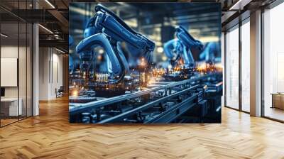 Industrial robotic arm in production line. Automated manufacturing facility. Wall mural