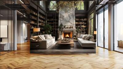 Luxurious and spacious living room with a large fireplace, comfortable furniture, and bookshelves Wall mural