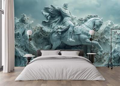 Majestic sculpture of a warrior riding a powerful horse in dynamic motion Wall mural