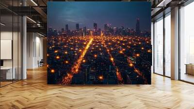 Modern city skyline illuminated by wireless network connections Wall mural