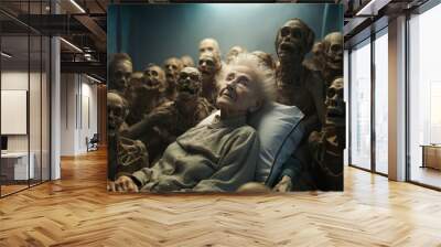 Old woman and many skeletons in the background. Wall mural