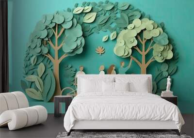 Paper art of family with bicycle and green leaves. 3D rendering. Generative AI. Wall mural