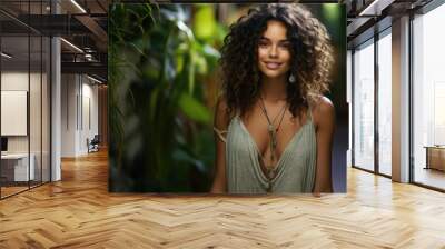 Portrait of a beautiful young woman with curly hair in a green dress. Wall mural