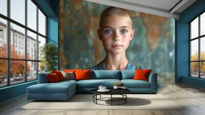 Portrait of a little girl with short hair in a turquoise dress. Weak kid with cancer. Wall mural