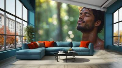 Portrait of a young man with wet hair and closed eyes in the forest. Wall mural