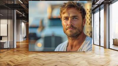 Portrait of a young muscular man driver standing in front of a truck Wall mural