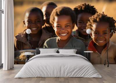 Portrait of happy african kids holding bowl with rice in field Jinja, Uganda. Wall mural