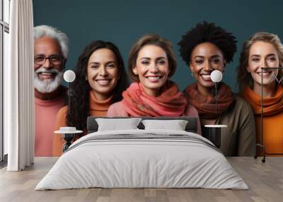 Portrait of happy multiethnic group of diverse people wearing scarfs. Wall mural