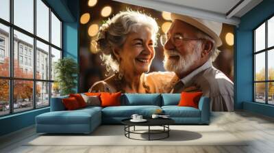 Portrait of happy senior couple dancing together in restaurant. They are looking at each other and smiling. Generative AI. Wall mural