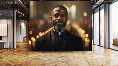 Portrait of young African-American priest looking at camera in church. Wall mural