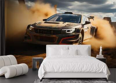 Powerful rally car speeds through a dusty desert track, emphasizing speed and motorsport Wall mural