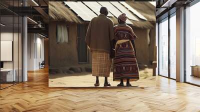 Rear view of senior african couple in traditional clothes front solar panels in Africa village. Generative AI. Wall mural