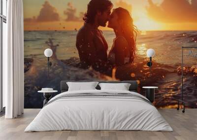 Romantic couple kissing on a beach at sunset with ocean waves Wall mural