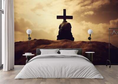 Silhouette of a man with a cross on top of a hill. Generative AI. Wall mural