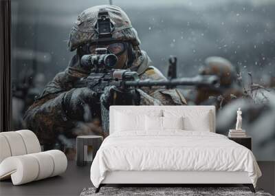 Soldier aiming with machine gun in snowy battlefield setting Wall mural