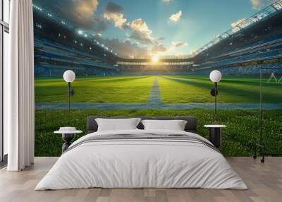 Sunlit soccer stadium with empty tribunes and lush green field Wall mural