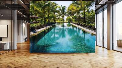 Swimming pool with palm trees in luxury hotel resort, Thailand. Generative AI. Wall mural