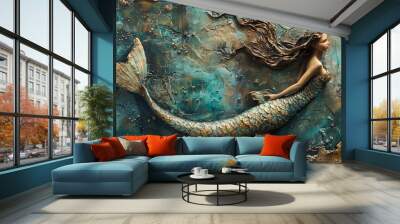 Textured painting of a mermaid with blended colors and artistic elements adds a mythical touch Wall mural