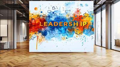 This conceptual art image prominently features the word 'LEADERSHIP' in bold, colorful letters against an abstract background of blue, orange, and red hues. Wall mural