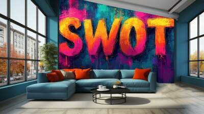 This dynamic artwork represents the SWOT analysis concept with bold, vibrant neon colors, symbolizing strength, weakness, opportunities, and threats in a strategic planning context. Wall mural