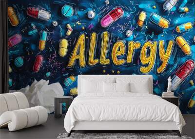 This image displays brightly colored allergy medicine pills on a dark blue background, with a bunch of tissues in the foreground, symbolizing treatment and relief. Wall mural