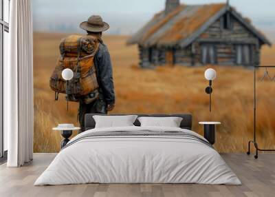 Traveler looking at rustic cabin in open countryside Wall mural