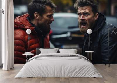 Two bearded men arguing on the street in the evening during car accident. They are angry and shouting. Wall mural