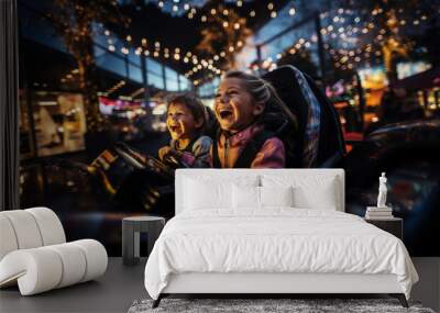 Two excited kids enjoying a thrilling go-kart ride under bright lights at a lively amusement park at night Wall mural