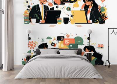 Two professionals with laptops connect over abstract and imaginative digital thoughts in a whimsical, colorful style. Wall mural