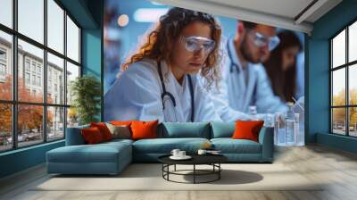 Two scientists with covered faces analyzing samples in a modern laboratory Wall mural