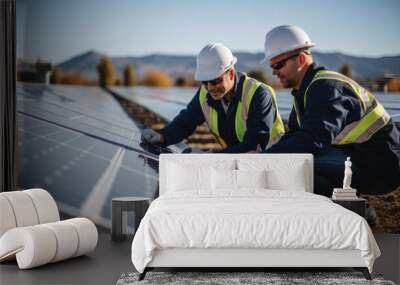 Two technicians are examining solar panels closely in a solar farm with clear blue skies Wall mural