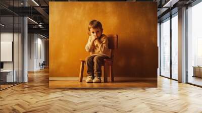 Upset problem scared child sitting on chair in emty room, stress or frustration. Generative AI. Wall mural