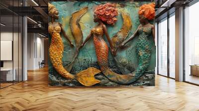 Vibrant, textured mermaid figures in relief with intricate detailing, posing against an abstract background Wall mural