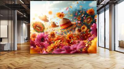 Vibrant Festa Junina Celebration Scene with Floating Straw Hat and Colorful Flowers Wall mural