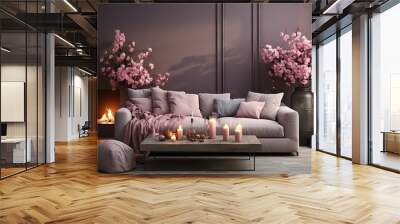 Warm and inviting living room with a chic pink blossom decor, a plush sofa surrounded by candles, creating a tranquil atmosphere Wall mural