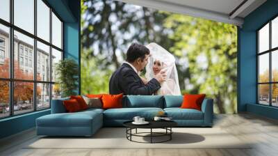 wedding couple with bokeh Wall mural