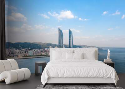 Panorama view of the Conrad Xiamen, Twin Towers/xiamen World Trade in Straits , including the Conrad Xiamen hotel, overlooking the South China Sea in Xiamen (Amoy), China. Wall mural