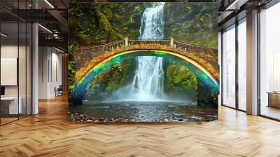 A bridge woven from rainbows, connecting two ends of a waterfall Wall mural