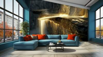 A cascade of liquid light that solidifies into a bridge connecting two cliffs Wall mural