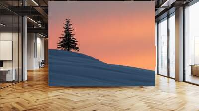 A dawn scene with the silhouette of a lone pine tree on a snowy ridge Wall mural