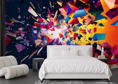 A dynamic explosion of geometric shapes emulating the Big Bang in vibrant colors Wall mural