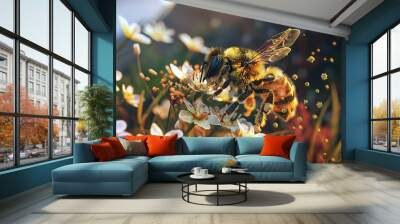 A dynamic representation of a bee pollinating flowers, with a focus on the pollen transfer process Wall mural