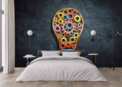 A vibrant light bulb composed of gears, symbolizing innovative solutions through collaboration. Perfect for a project management platform. Wall mural