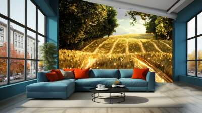 A virtual scene of a summer harvest with fields made of woven light strands Wall mural