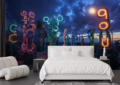 An abstract sculpture park with statues made of glowing letters, each piece radiating light, a twilight sky with a full moon illuminating the scene Wall mural