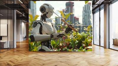 An autonomous robotic gardener, tending to a modern rooftop garden, with precision tools. Background of lush plants and urban skyline. Wall mural