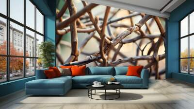 An intricate formation of interconnected wooden branches, creating a complex lattice, set against a soft, blurred background. Wall mural