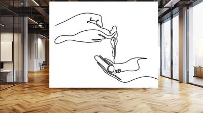 Continuous one line drawing hand holding a house key with clipping path. Real estate. Female hand holding key from house isolated on white. Buying the house. Single line draw design vector graphic Wall mural