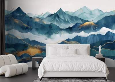 
Mountain background vector. Minimal landscape art with watercolor brushes and gold line art texture. Abstract art wallpaper for exquisite prints Wall mural