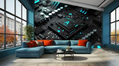 3D render of an abstract black and blue chip with text, on top is written in turquoise letters 'AI', background is dark gray, there are some techy elements around it, highly detailed, high resolution, Wall mural